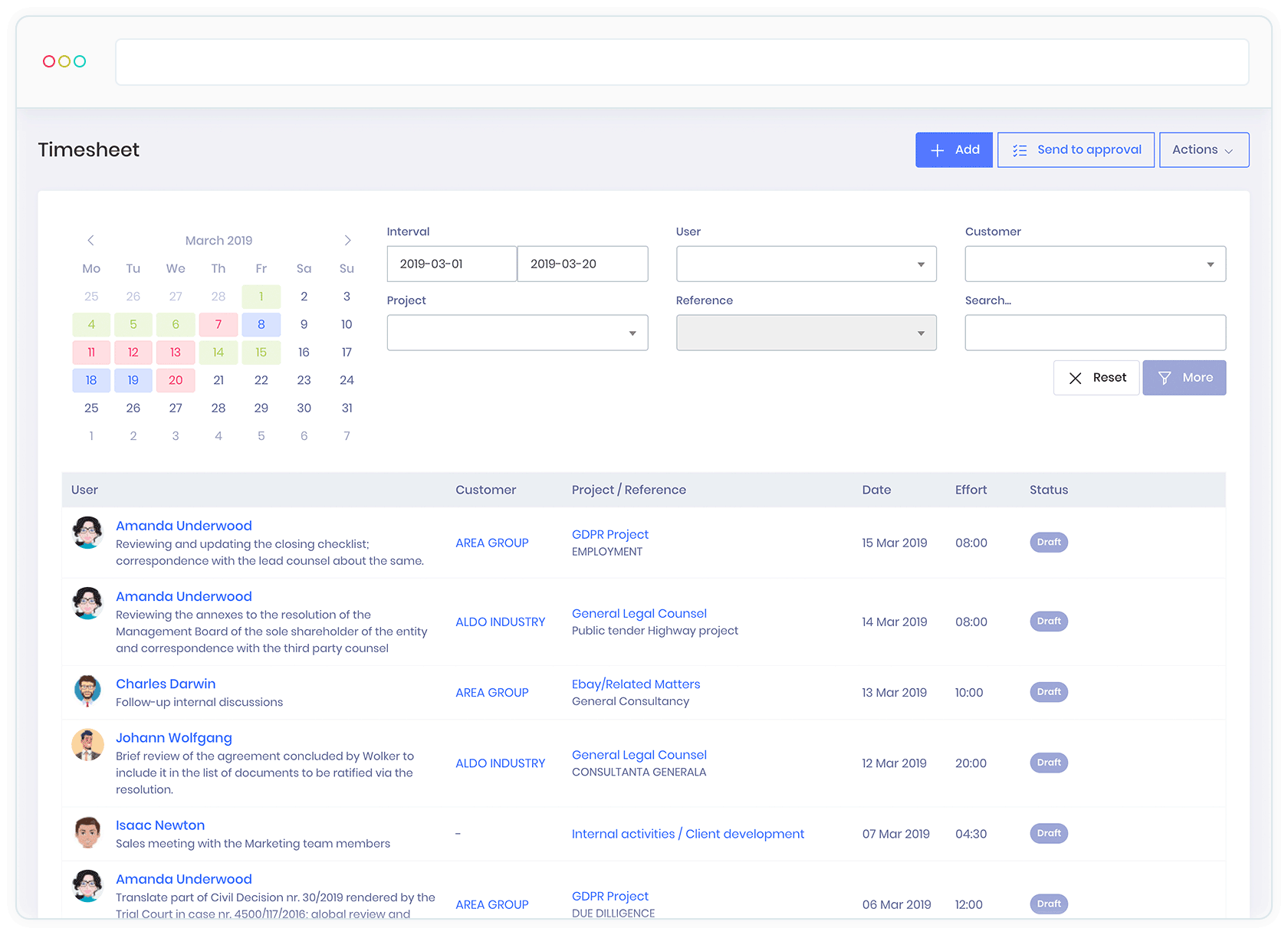 KeyVision PRO, software for lawyers and law firms - Timesheet